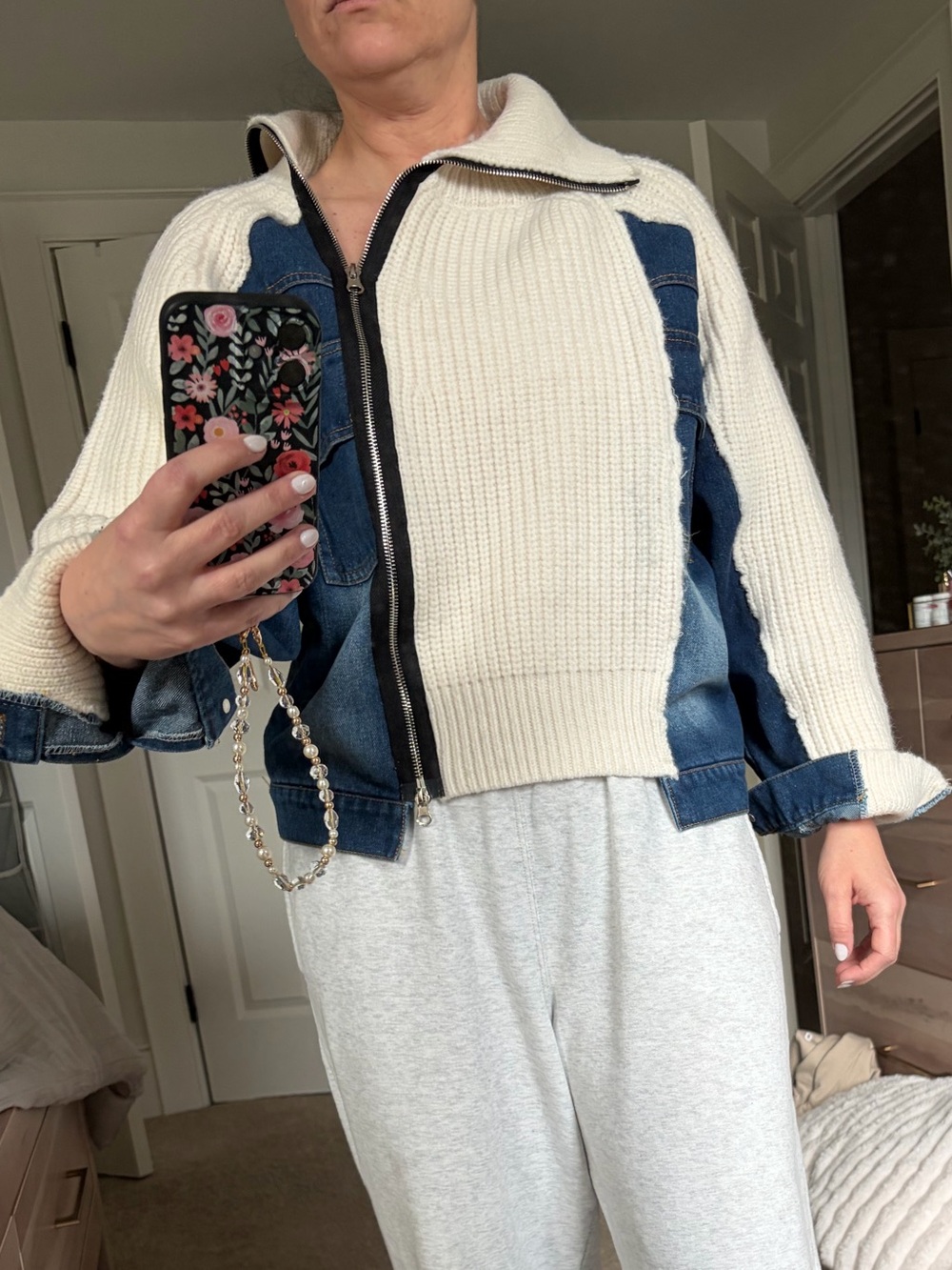 Women's Cream & Denim Zip-Front Knit Jacket size medium